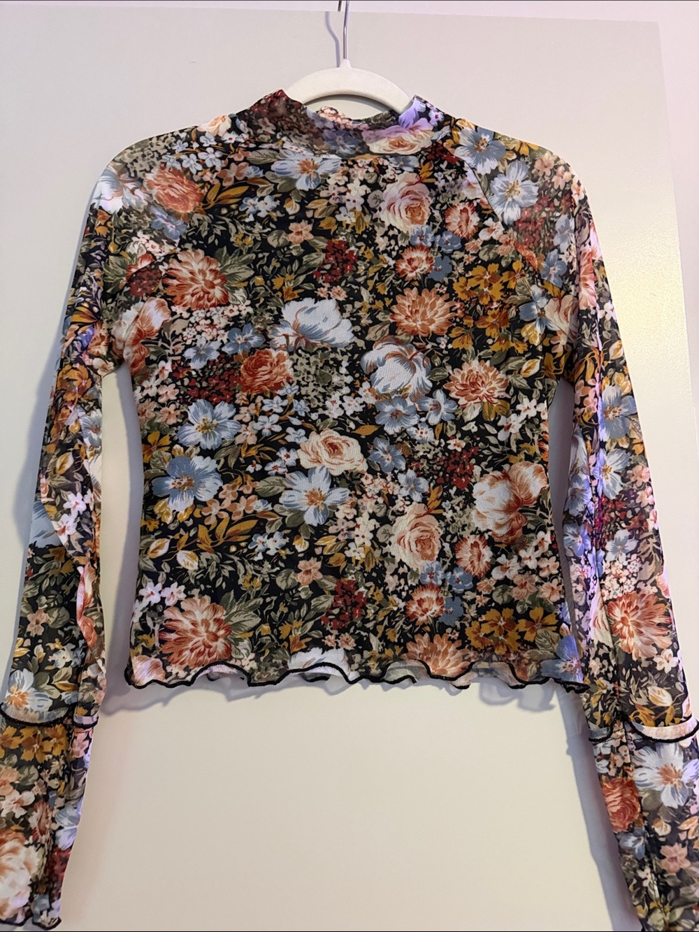 NWT Floral Mesh Long-Sleeve Mock Neck Top - Black Multi